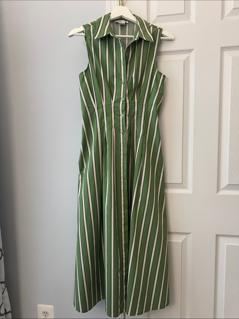 Rachel Zoe Sleeveless Green and White Striped Button-Front Maxi Dress